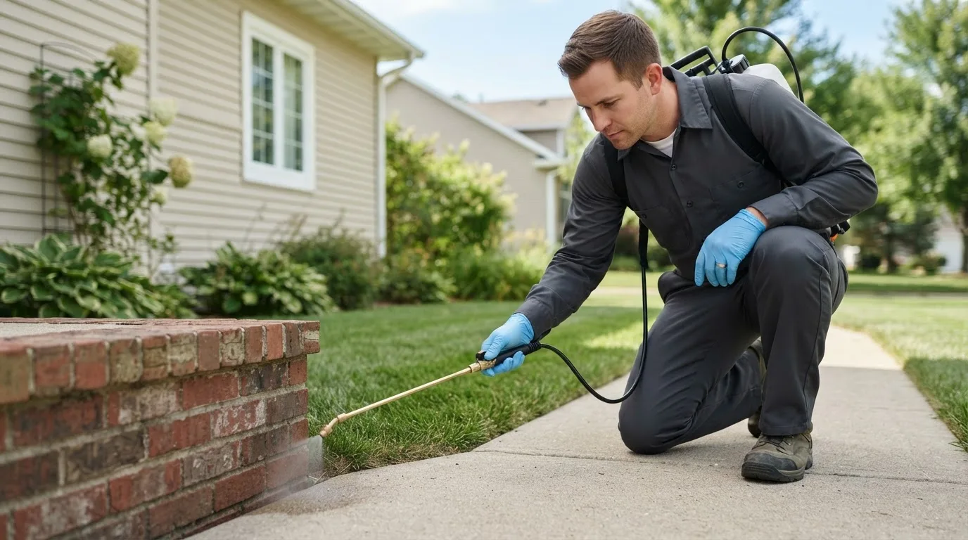 Pest control technician treating a home near Weymouth, MA